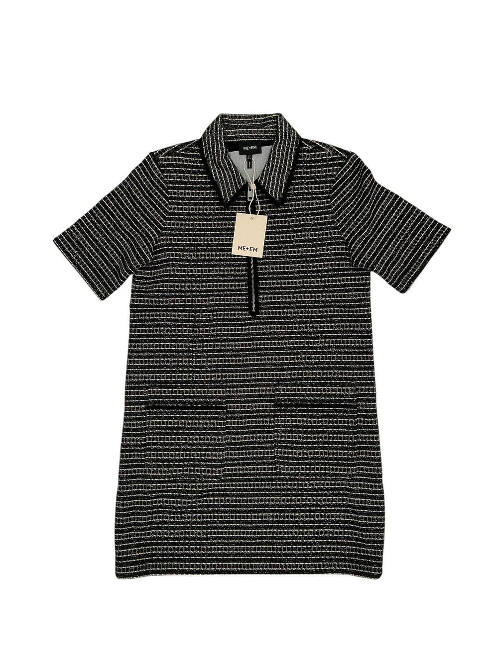 ME+EM Stripe Tweed Mini Dress Black Multi Zip Collar Short Sleeve US 4 UK 8 NWT